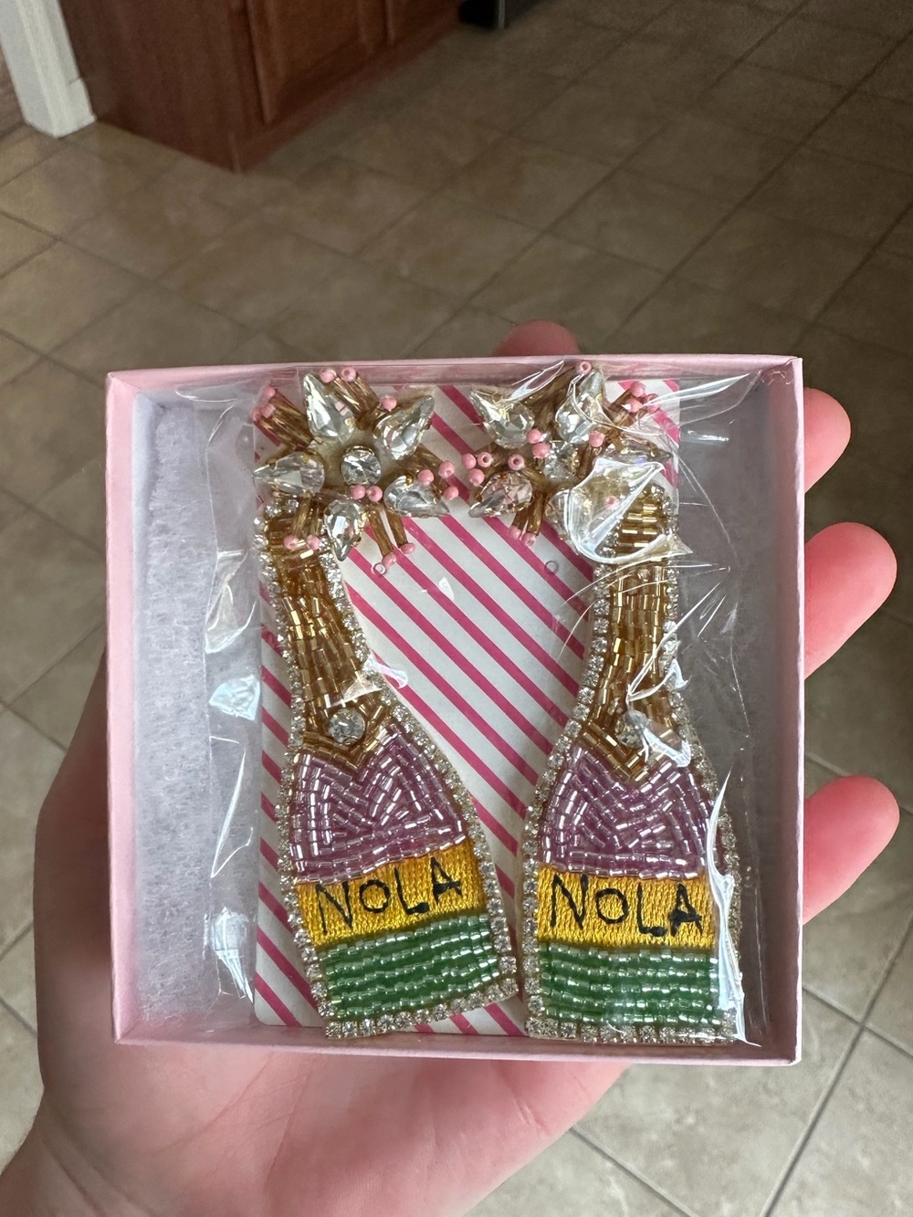 Beaded Champagne Bottle 'NOLA' Statement Earrings - Pink, Gold, Green, Yellow